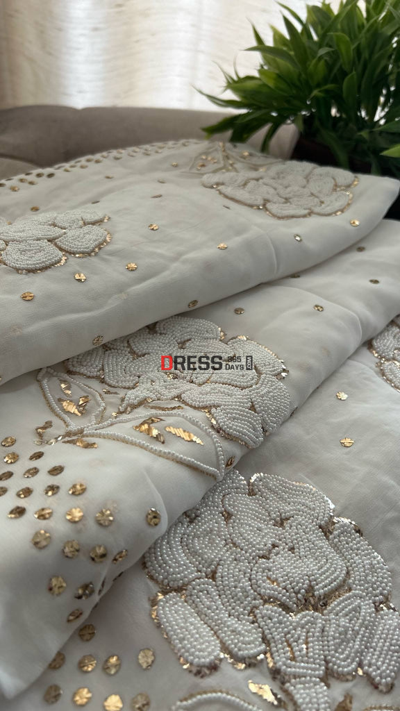 Pure Georgette Pearl & Kamdani Saree Chikankari Saree
