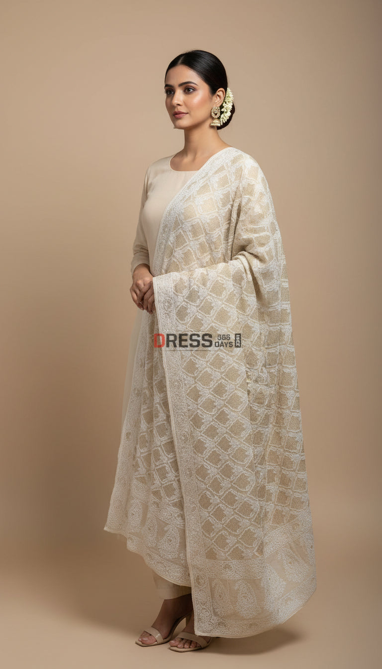 Pure Georgette Zari & Hand Jaali Lucknowi Chikankari Dupatta