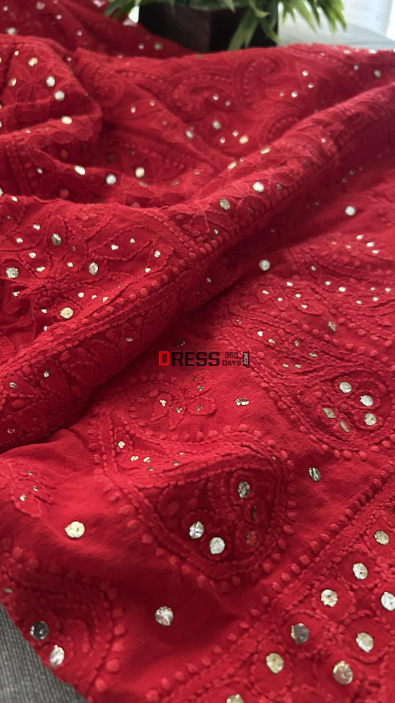 Red Chikankari Anarkali Suit With Golden Mukaish (Anarkali And Dupatta) Chikankari Anarkali