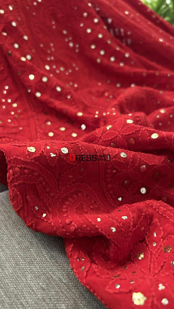 Red Chikankari Anarkali Suit With Golden Mukaish (Anarkali And Dupatta) Chikankari Anarkali