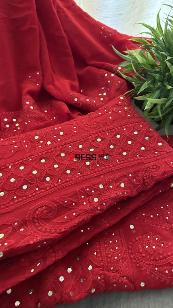 Red Chikankari Anarkali Suit With Golden Mukaish (Anarkali And Dupatta) Chikankari Anarkali