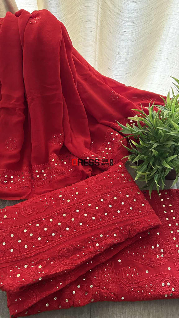 Red Chikankari Anarkali Suit With Golden Mukaish (Anarkali And Dupatta) Chikankari Anarkali