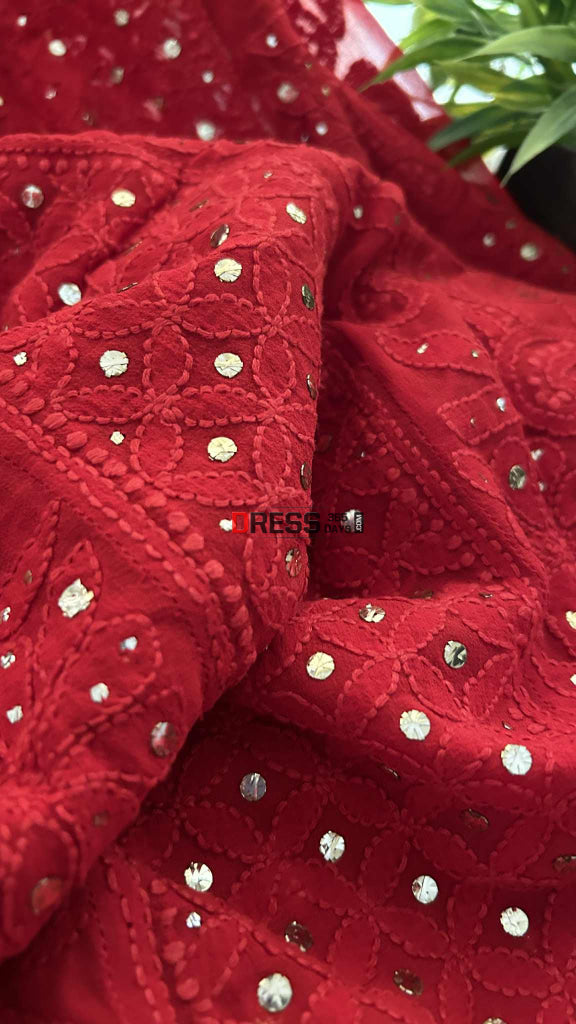 Red Chikankari Anarkali Suit With Golden Mukaish (Anarkali And Dupatta) Chikankari Anarkali