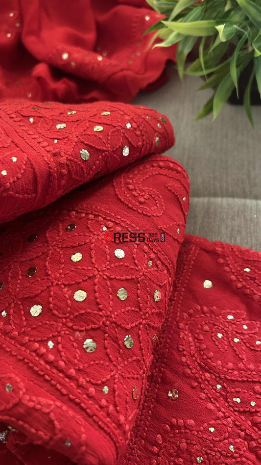 Red Chikankari Anarkali Suit With Golden Mukaish (Anarkali And Dupatta) Chikankari Anarkali