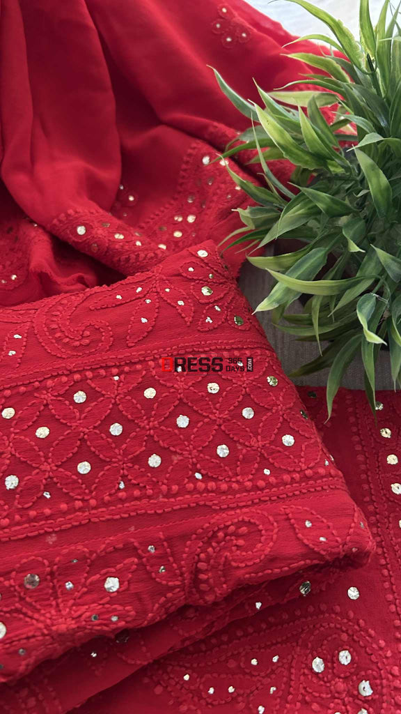 Red Chikankari Anarkali Suit With Golden Mukaish (Anarkali And Dupatta) Chikankari Anarkali