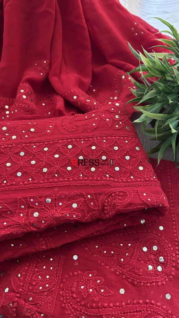 Red Chikankari Anarkali Suit With Golden Mukaish (Anarkali And Dupatta) Chikankari Anarkali