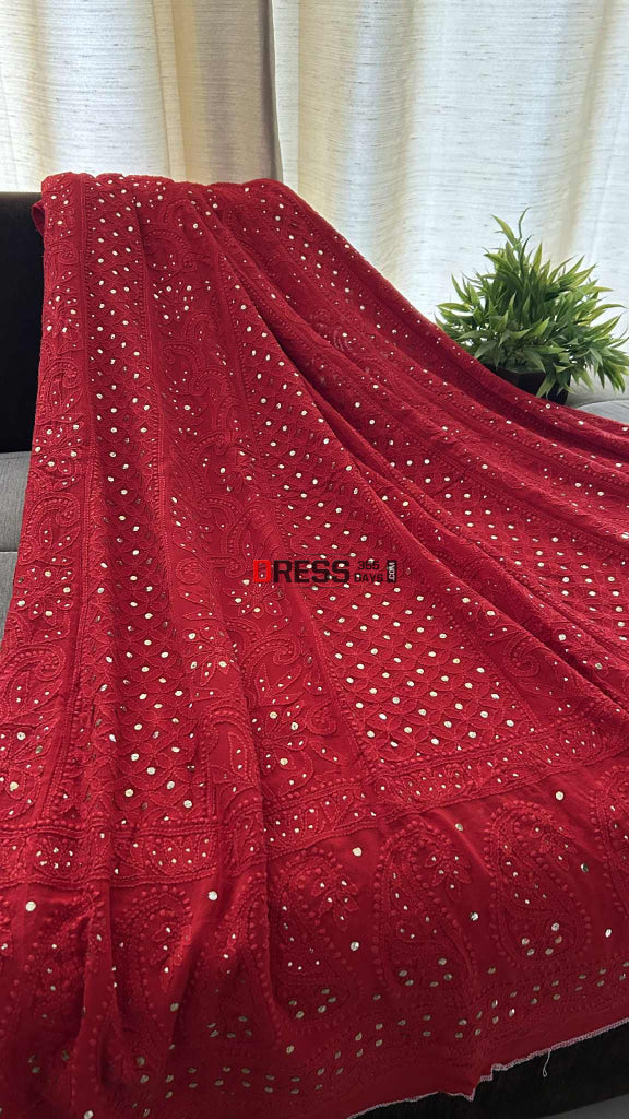 Red Chikankari Anarkali Suit With Golden Mukaish (Anarkali And Dupatta) Chikankari Anarkali