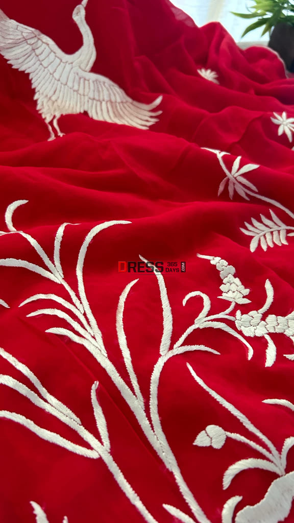Red & Ivory Hand Embroidered Parsi Gara Saree