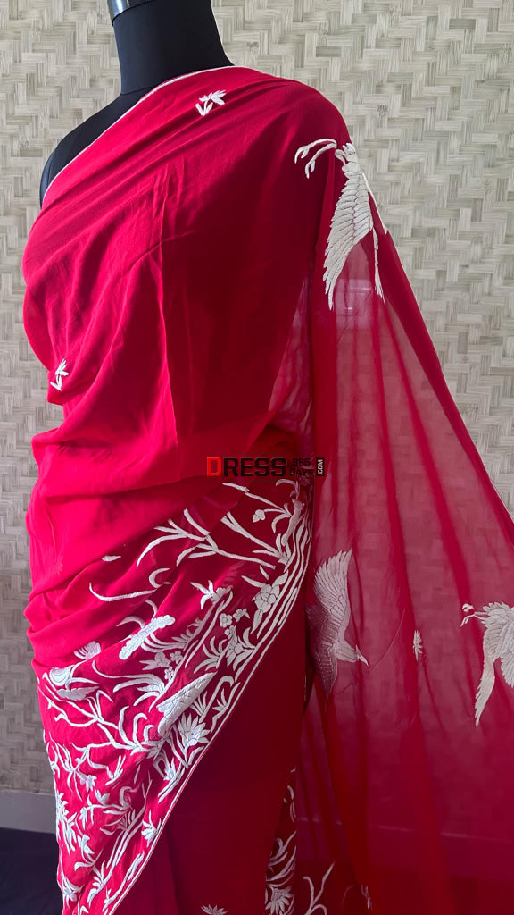 Red & Ivory Hand Embroidered Parsi Gara Saree