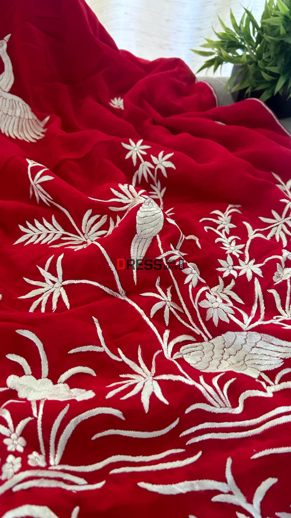 Red & Ivory Hand Embroidered Parsi Gara Saree