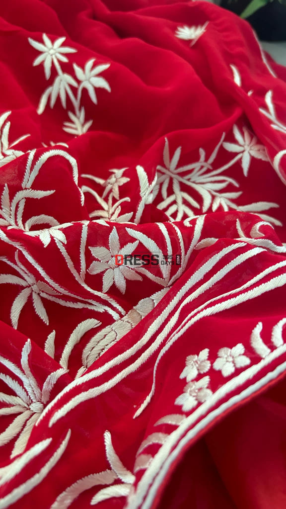 Red & Ivory Hand Embroidered Parsi Gara Saree