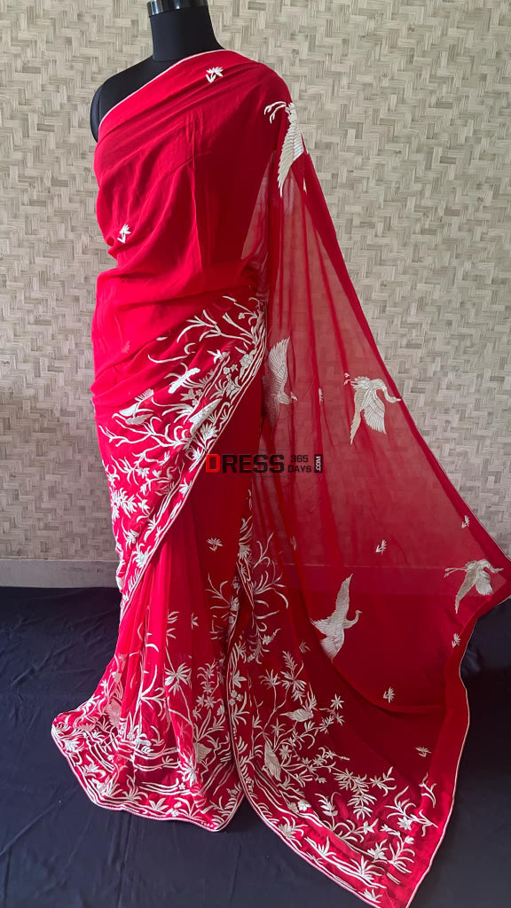 Red & Ivory Hand Embroidered Parsi Gara Saree