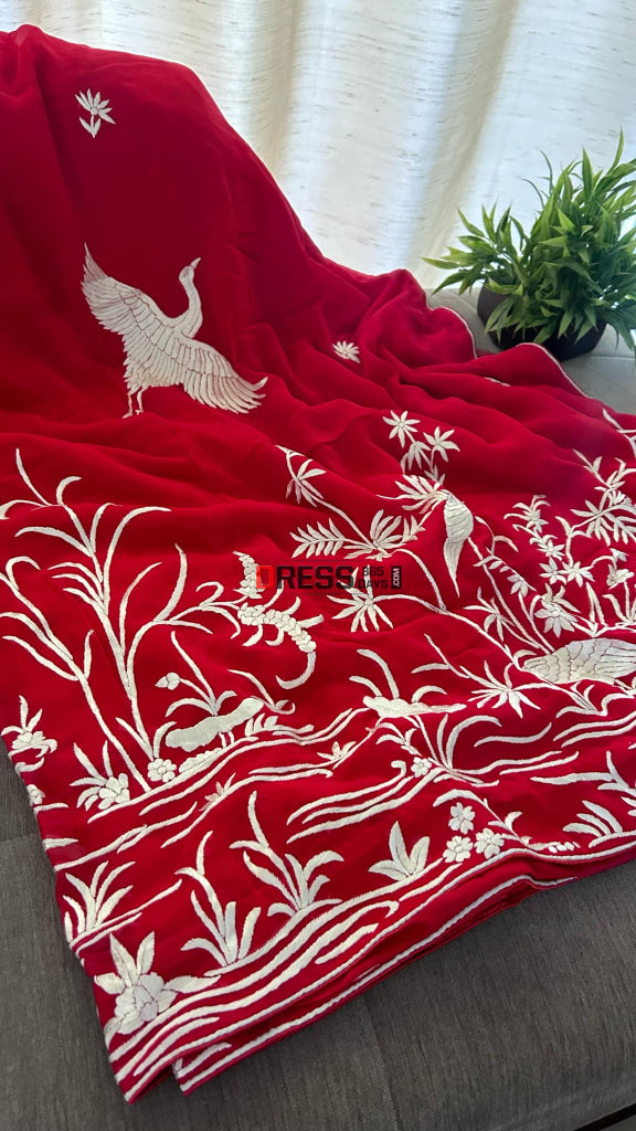 Red & Ivory Hand Embroidered Parsi Gara Saree