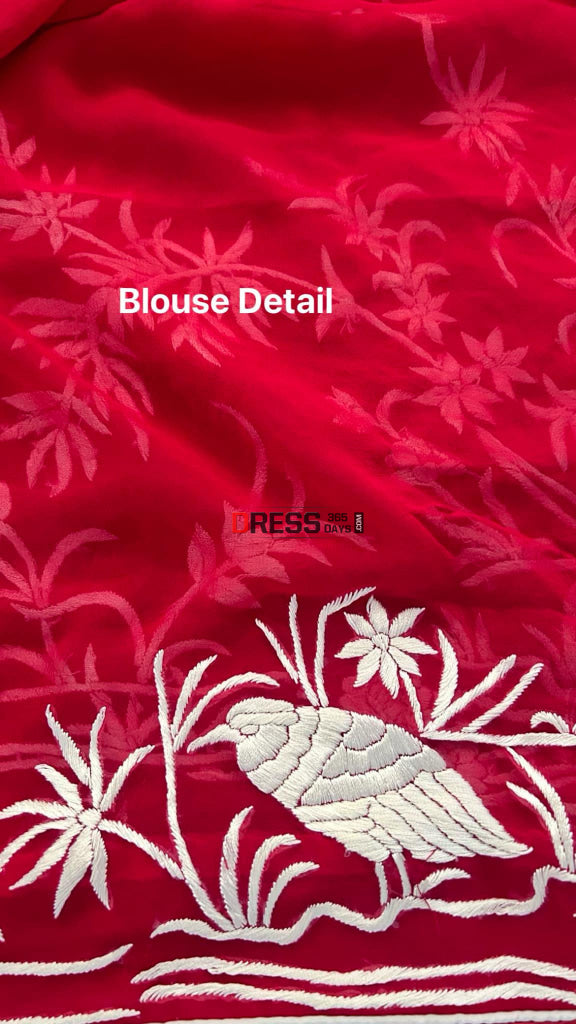 Red & Ivory Hand Embroidered Parsi Gara Saree