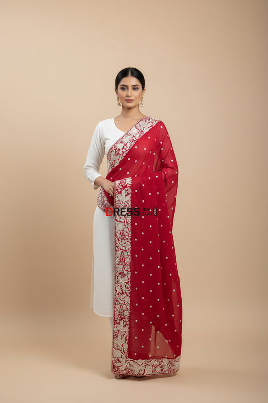 Designer Red & Ivory Parsi Gara Dupatta