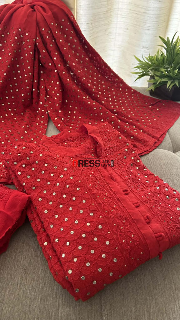 Red Kamdani Chikankari Sharara Set Chikankari Suits
