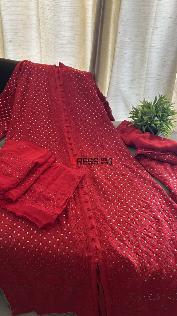 Red Kamdani Chikankari Sharara Set Chikankari Suits