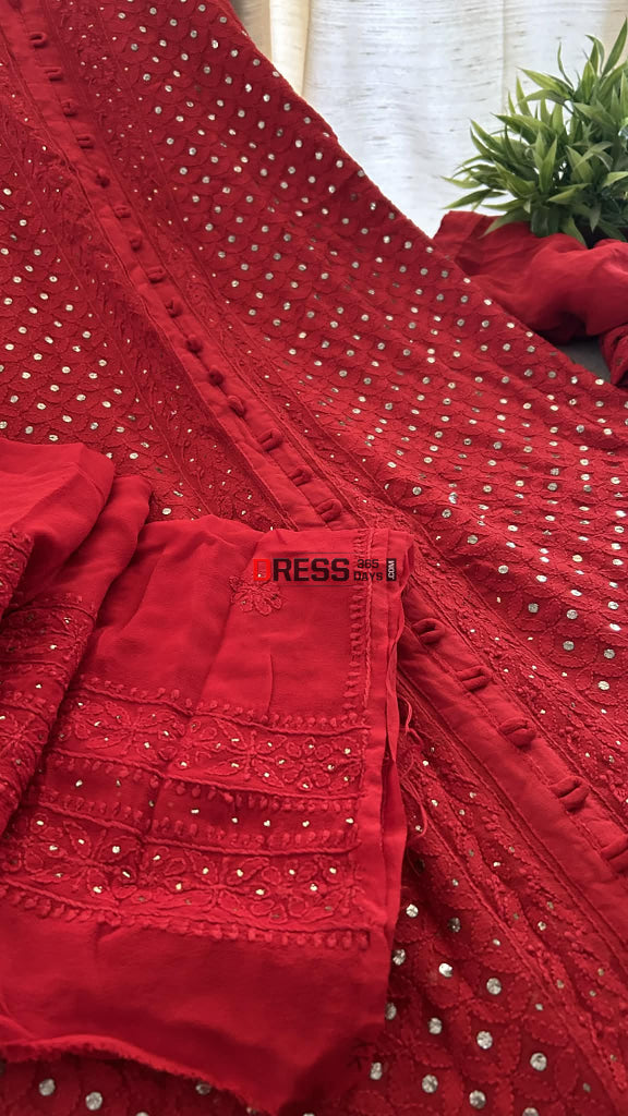 Red Kamdani Chikankari Sharara Set Chikankari Suits