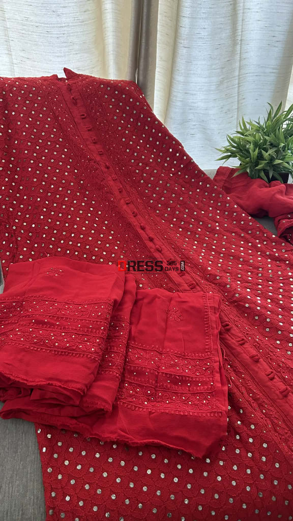 Red Kamdani Chikankari Sharara Set Chikankari Suits