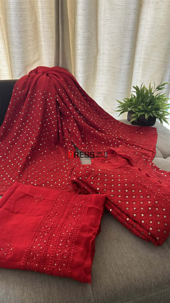 Red Kamdani Chikankari Sharara Set Chikankari Suits