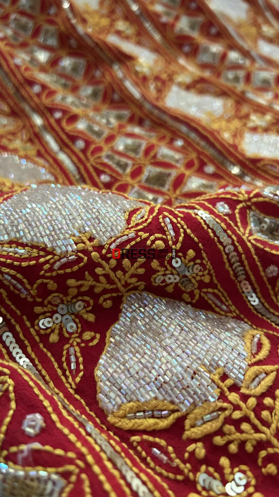 Red Masterpiece Cut Dana Sequin Chikankari Suit (Kurta & Dupatta) Chikankari Suits
