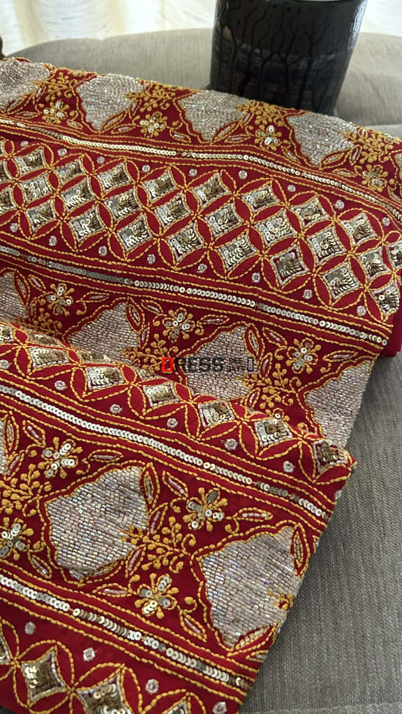 Red Masterpiece Cut Dana Sequin Chikankari Suit (Kurta & Dupatta) Chikankari Suits