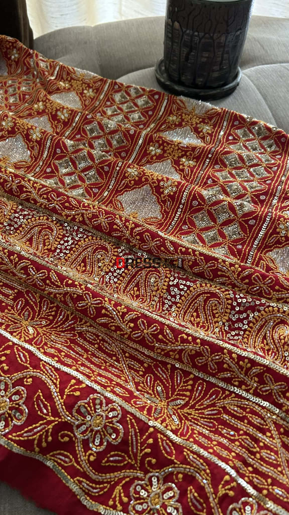 Red Masterpiece Cut Dana Sequin Chikankari Suit (Kurta & Dupatta) Chikankari Suits