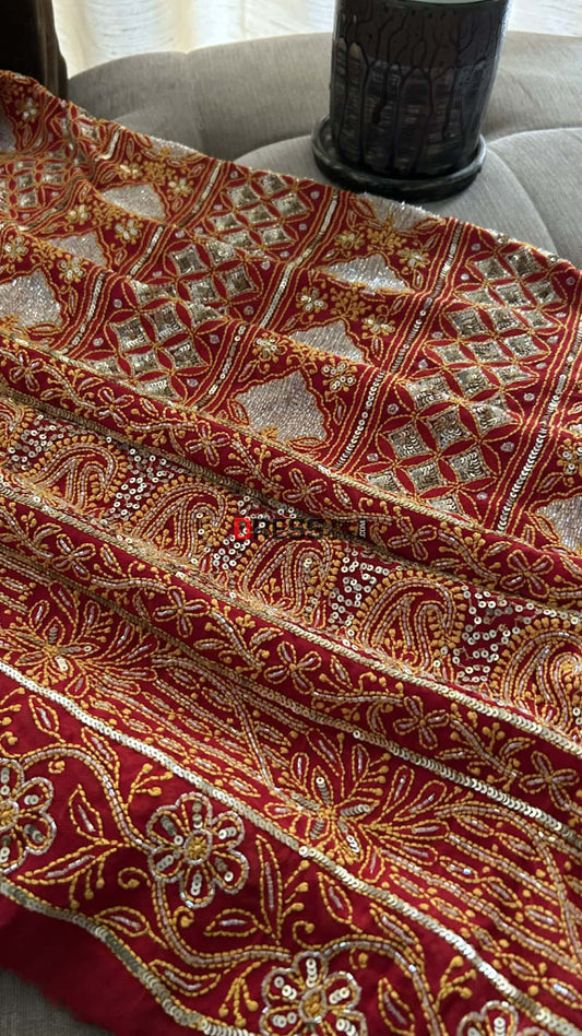 Red Masterpiece Cut Dana Sequin Chikankari Suit (Kurta & Dupatta) Chikankari Suits