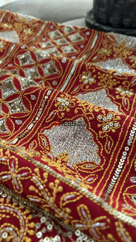 Red Masterpiece Cut Dana Sequin Chikankari Suit (Kurta & Dupatta) Chikankari Suits