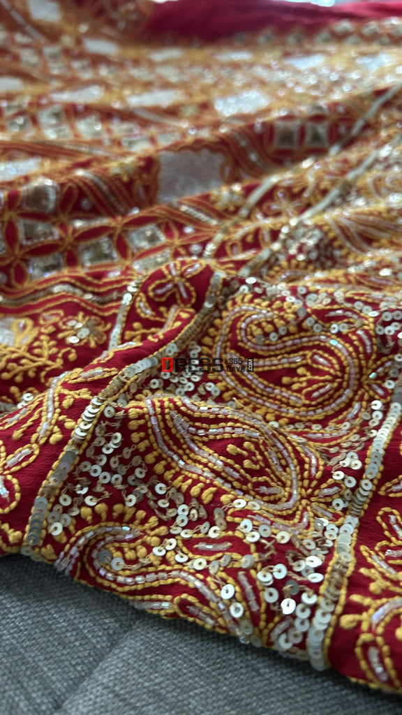 Red Masterpiece Cut Dana Sequin Chikankari Suit (Kurta & Dupatta) Chikankari Suits