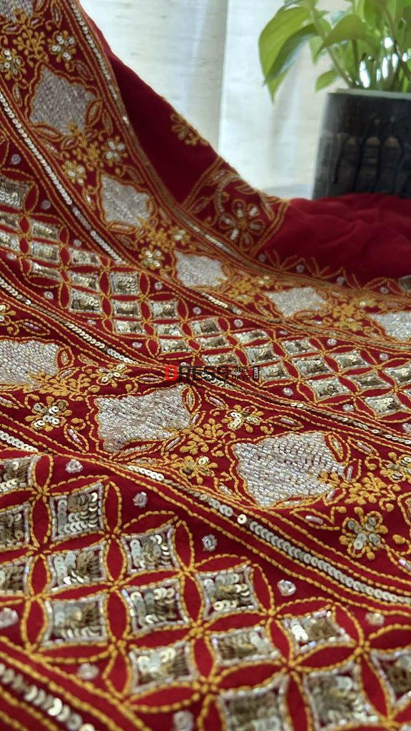 Red Masterpiece Cut Dana Sequin Chikankari Suit (Kurta & Dupatta) Chikankari Suits
