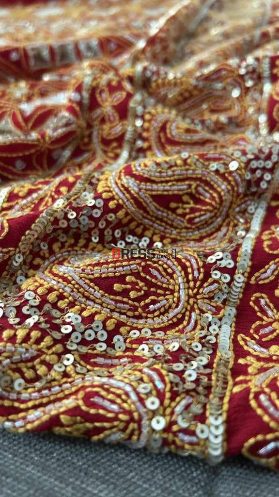 Red Masterpiece Cut Dana Sequin Chikankari Suit (Kurta & Dupatta) Chikankari Suits