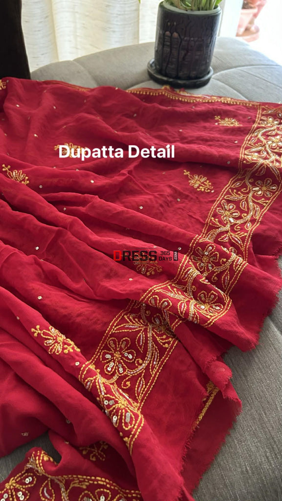 Red Masterpiece Cut Dana Sequin Chikankari Suit (Kurta & Dupatta) Chikankari Suits