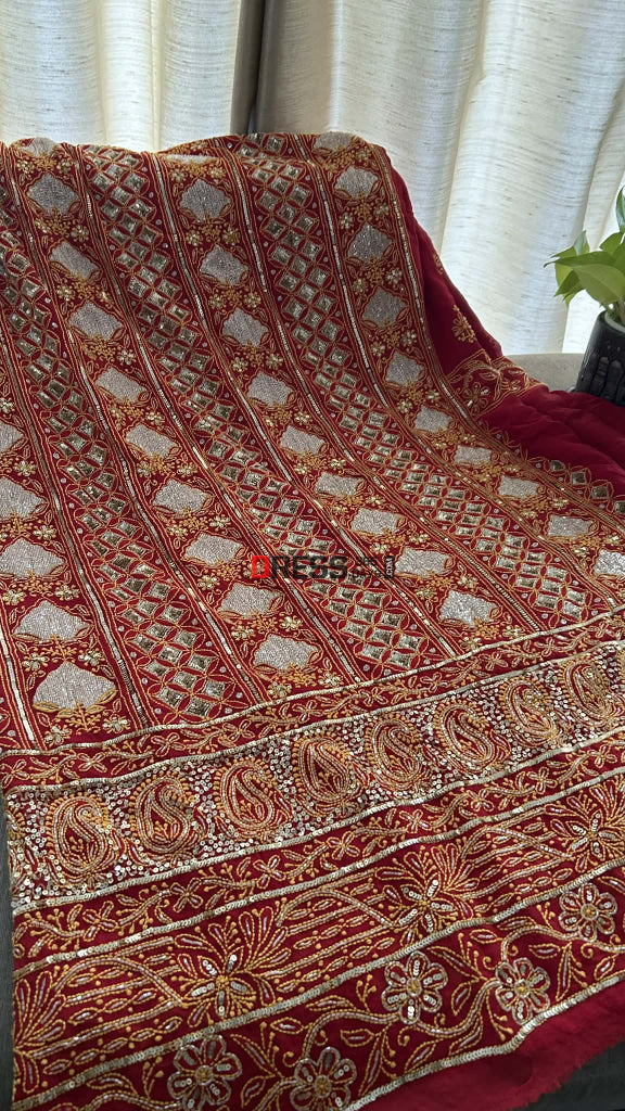 Red Masterpiece Cut Dana Sequin Chikankari Suit (Kurta & Dupatta) Chikankari Suits