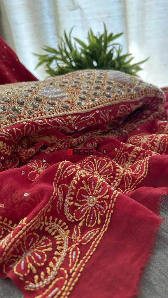 Red Masterpiece Cut Dana & Sequins Work Chikankari Anarkali Suit Chikankari Anarkali