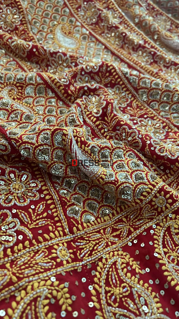 Red Masterpiece Cut Dana & Sequins Work Chikankari Anarkali Suit Chikankari Anarkali