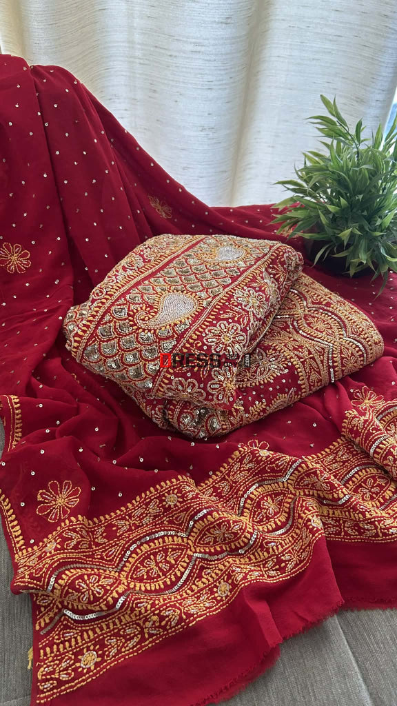 Red Masterpiece Cut Dana & Sequins Work Chikankari Anarkali Suit Chikankari Anarkali