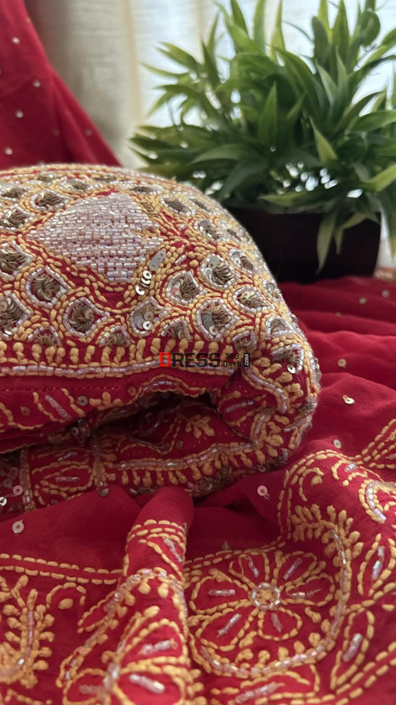 Red Masterpiece Cut Dana & Sequins Work Chikankari Anarkali Suit Chikankari Anarkali