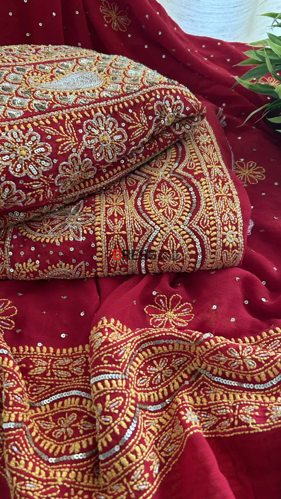 Red Masterpiece Cut Dana & Sequins Work Chikankari Anarkali Suit Chikankari Anarkali
