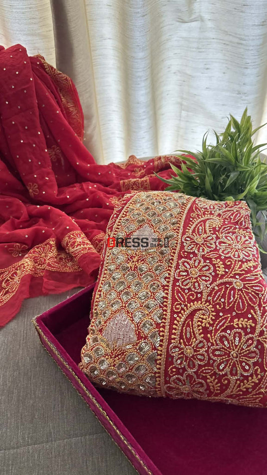 Red Masterpiece Cut Dana & Sequins Work Chikankari Anarkali Suit Chikankari Anarkali