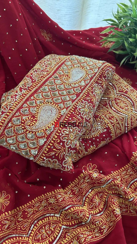 Red Masterpiece Cut Dana & Sequins Work Chikankari Anarkali Suit Chikankari Anarkali