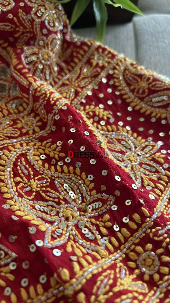 Red Masterpiece Cut Dana & Sequins Work Chikankari Anarkali Suit Chikankari Anarkali