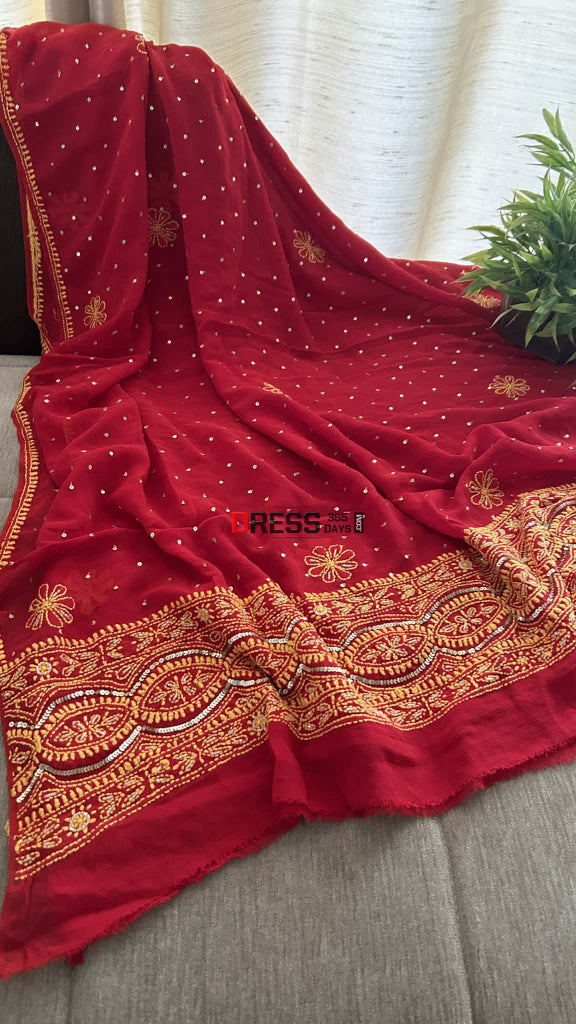 Red Masterpiece Cut Dana & Sequins Work Chikankari Anarkali Suit Chikankari Anarkali