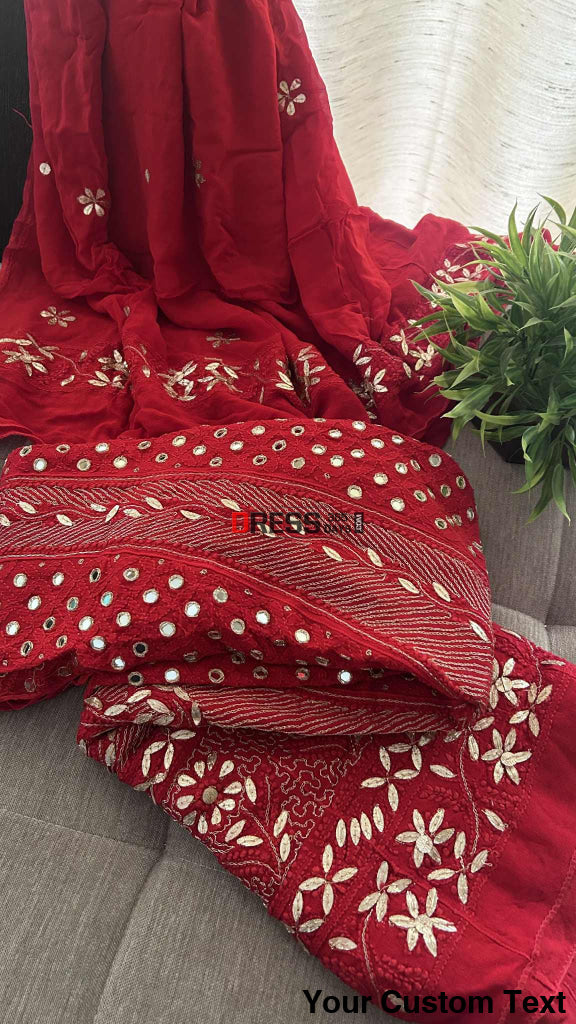 Red Mirror Gota Patti & Zari Work Chikankari Anarkali Suit Chikankari Anarkali