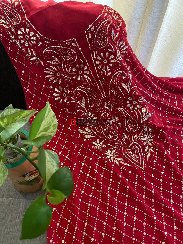 Red Mukaish Work Kurta Dupatta Set Chikankari Suits