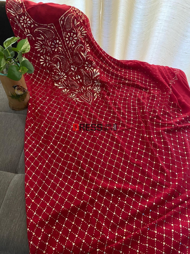 Red Mukaish Work Kurta Dupatta Set Chikankari Suits