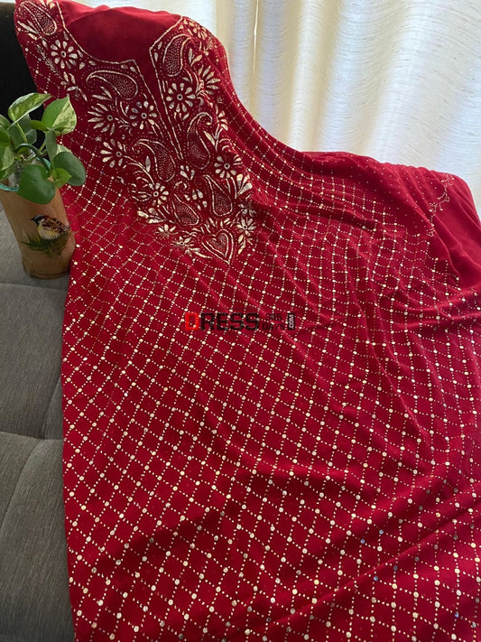 Red Mukaish Work Kurta Dupatta Set Chikankari Suits