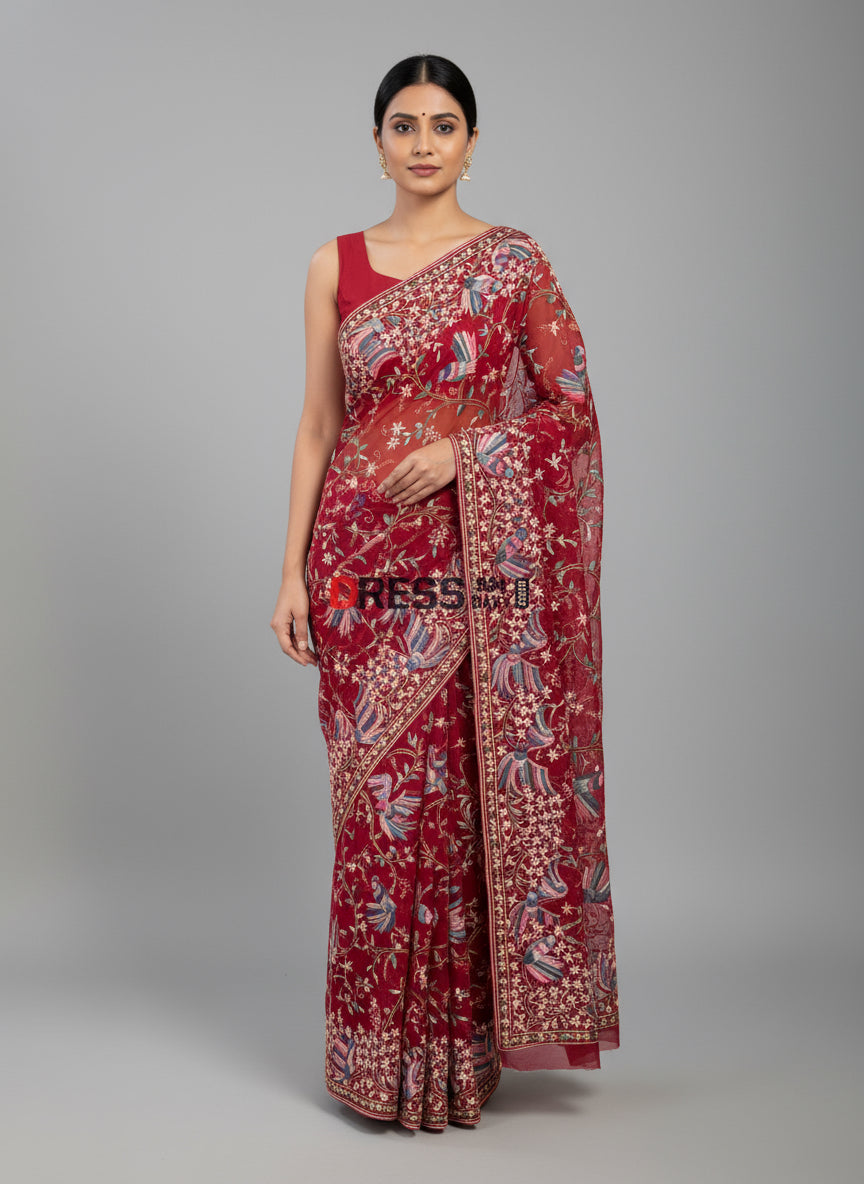 Pre Order Designer Parsi Gara Saree with Multicolour Embroidery