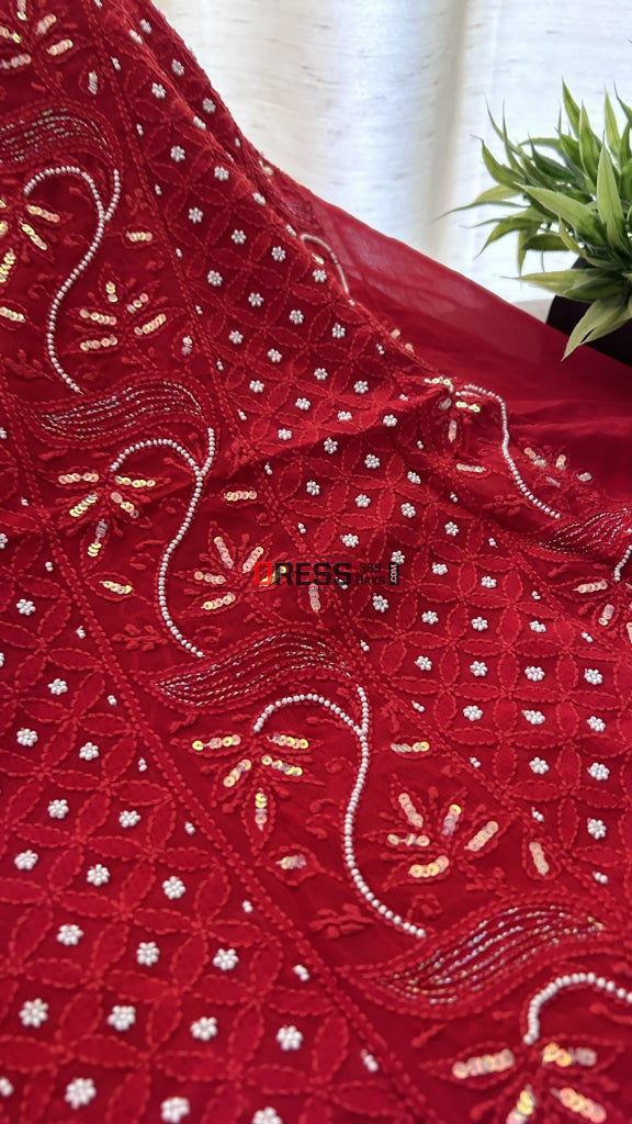 Red Pearl Chikankari Suit (Kurta & Dupatta) Suits