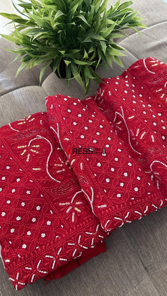 Red Pearl Chikankari Suit (Kurta & Dupatta) Suits